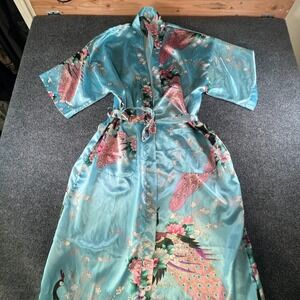 VTG  Midi Kimono Robe S/M Womens Light Blue Floral Print Belted Waist Loungewear